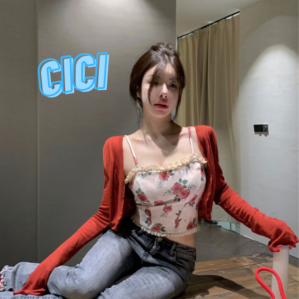 ส่งทันที Cici(NO. J652)Setเสื้อคลุม+สายเดี่ยวลายดอกกุหลาบ สม็อกหลัง ใส่เเล้วดูดีสไตล์เรียบหรู