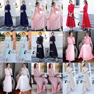 J12229 แม็กซี่เดรส ลูกไม้ แขนยาว คอจีนหยักผูกโบว์ Maxi dress, lace, long sleeves, mandarin collar, notched bow