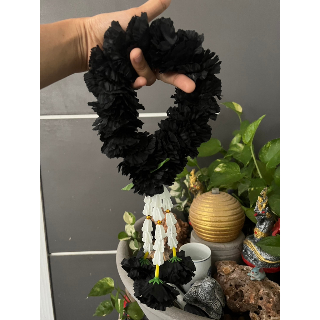 มาลัยดาวเรืองสีดำ ( พวงมาลัยดอกดาวเรืองสีดำ ทรงกลม 29 ซม ) ร้อยดอกแน่นๆๆ ดอกดาวเรืองสีดำ มาลัยถวายองค์ราหู มาลัยดอกไม้ - รูปที่ 2