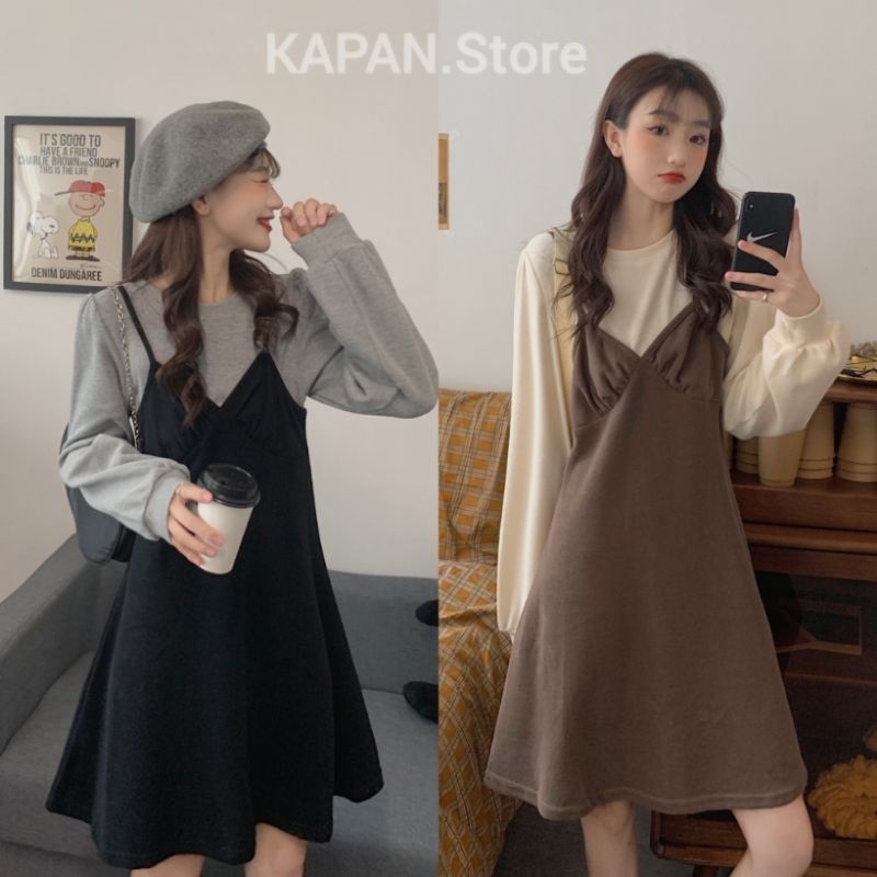 KAPAN 🌸พร้อมส่ง🌸 เดรสสั้น​ แขนยาว​ แบบเย็บติด มี2สี​ ดำ, น้ำตาล​ ฟรีไซส์​ เดรสสไตล์เกาหลี​​  KP202