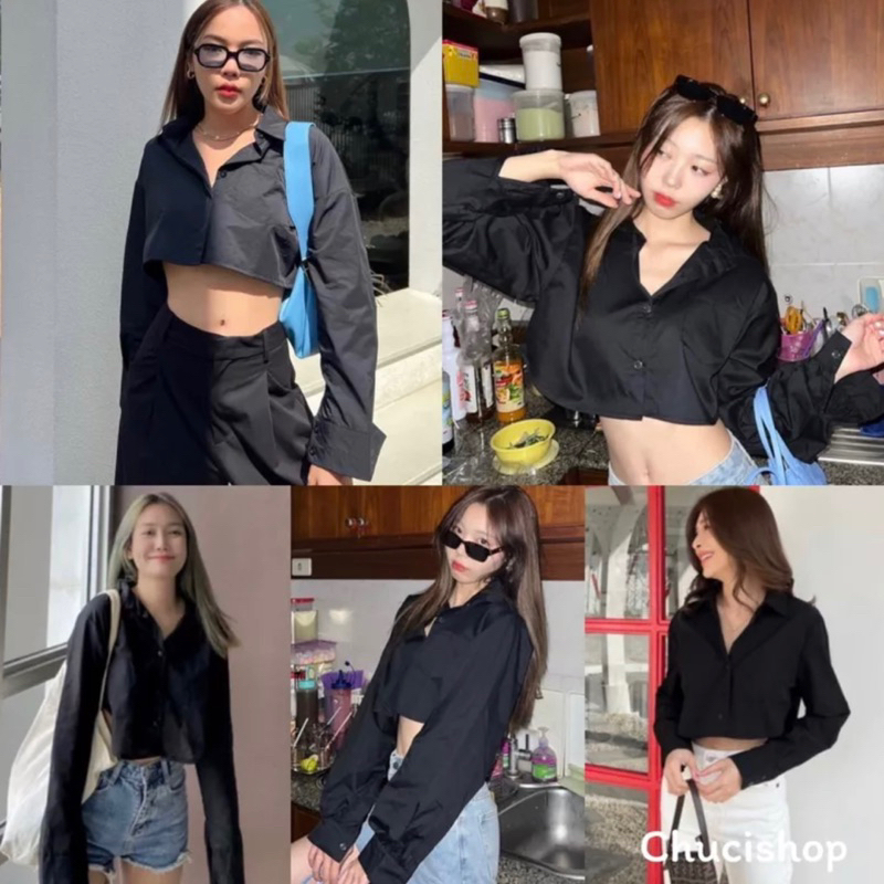 เสื้อครอปเชิ้ต เสื้อครอป แขนยาวและแขนสั้น โอเวอร์ไซส์ เสื้อเชิ้ตสีดำ เสื้อเชิ้ตทำงาน อก40-65นิ้ว มีปลายทาง