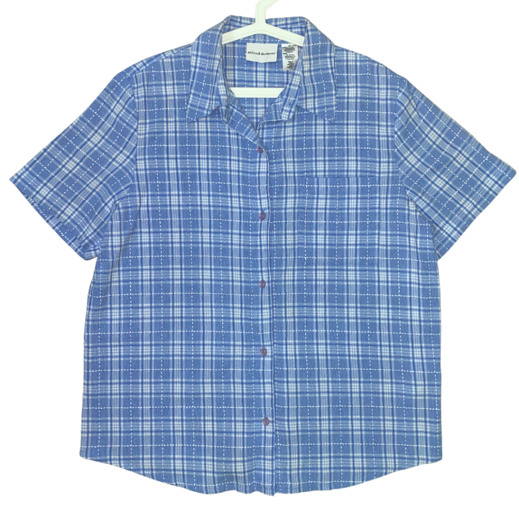 เสื้อเชิ้ตคอปกผู้ชาย alfred dunner แขนสั้นมือสอง ลายตารางสีฟ้าอมม่วง