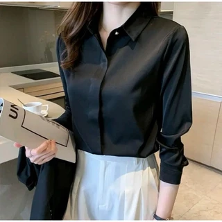D015 เสื้อเชิ้ตซาตินเกรดพรีเมี่ยม คอแต่งกระดุมเพชร เป็นงานซ่อมกระดุม 20สี