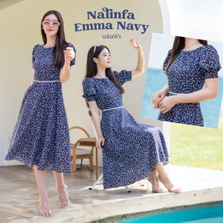 NALINFA Emma Navy - แม็กซี่เดรสสีกรมท่าลายหัวใจเล็กๆ สีขาว แขนตุ๊กตา By Nalinfa