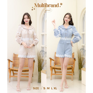 Iงานป้าย Multibrand {S-XL} (ป้ายแท้)(เช็คของก่อนโอนเงิน) มี 4 ไซส์ ชุดจั๊มสูทขาสั้น คอปก แขนยาว ปักลายดอก 50100