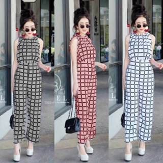 CS5165 จั้มสูทแขนกุดลายตาราง Checked sleeveless jumpsuit