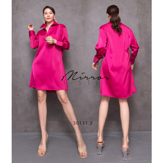 🔖ป้าย MirrorSister 30131.3 เดรสเชิ้ต ผ้าซิลค์ซาติน สวย หรู คอปก MoNiCa-GaLa DReSS พร้อมสายผูกเอว เดรสออกงาน ชุดเดรส เดรส
