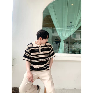 เสื้อคอปก แขนสั้น ลายริ้วฉลุรุ้ง สไตล์เกาหลี C43