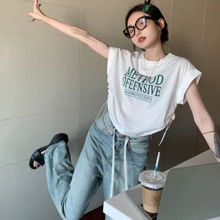 KSAพร้อมส่ง เสื้อครอปสาวอวบน่ารักๆ ท็อป oversize T-shirt เสื้อผ้าผู้หญิงสไตล์เกาหลี เสื้อยืดเอวลอยแขนสั้นแฟชั่น สกรีนลาย