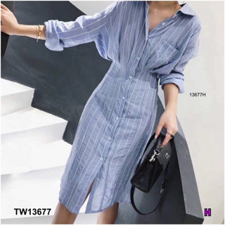 MM13677 เดรสเชิ้ตริ้วแขนยาว Long Sleeve Striped Shirt Dress