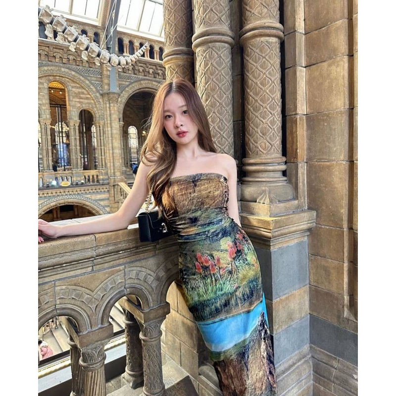 Havanas meสินค้าพร้อมส่ง เดรสรัดรูปลายน้ำตก ภูเขา เดรสเกาะอกธรรมชาติ natural dress