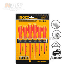 INGCO ชุดไขควง ด้ามกันไฟฟ้า 6 ตัวชุด พร้อมแผงติดหนัง รุ่น HKISD0608 ( Insulated Screwdriver Set ) - ไขควงชุด