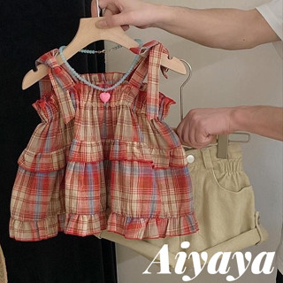 Aiyaya ชุดเด็ก เสื้อผ้าเด็ก เสื้อผ้าเด็กผู้หญิง ชุดแฟชั่นเด็กผู้หญิง เสื้อกั๊กลายสก็อต + กางเกงขาสั้นสีกากี（608）