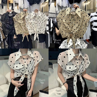 เสื้อเชิ้ตแขนกุดซีทรูลายจุด