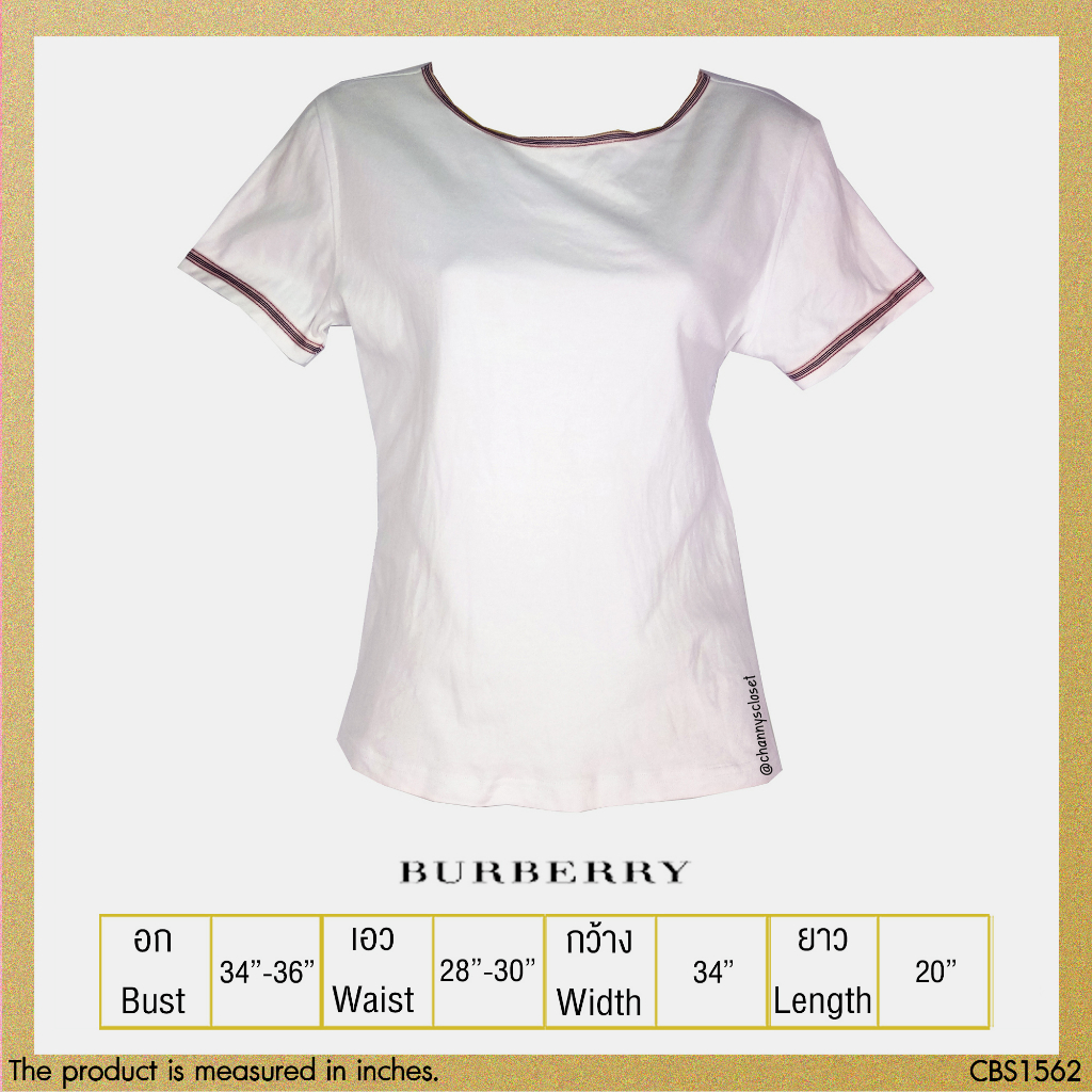 💖USED Burberry - White Plaid Striped T-Shirt | เสื้อยืดสีขาว สีน้ำตาล เสื้อยืดสีพื้น แขนสั้น ลายสก็อ