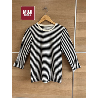 MUJI x cotton x M แขนสี่สวน ลายทางขาวดำ อก 34-36  ยาว 23 Code : 671(5)