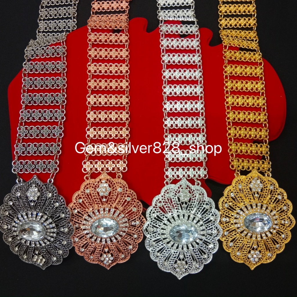 เข็มขัดชุดไทยแต่งลายไทยฉลุโบราณ หัวพลอยใส สินค้าพร้อมจัดส่งจากประเทศไทย