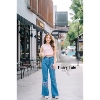 Pairy Tale Set เสื้อยืดสีชมพูอมม่วง แมตกางเกงยีนขายาว แต่งรีดเพชรดอกกล้วยไม้