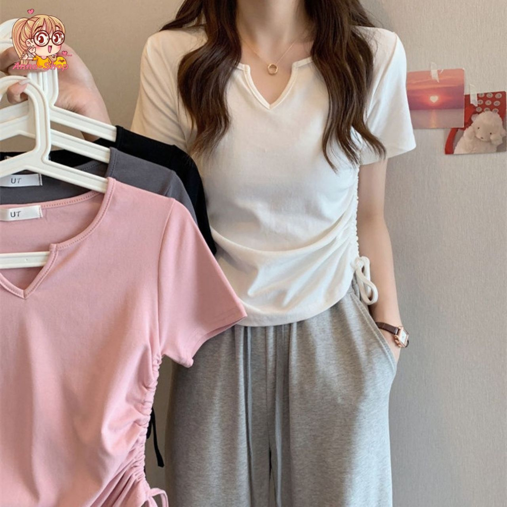 annacny  เสื้อยืดคอวี ดีเทลรูดข้าง ปรับสั้นยาวได้ ทรงเข้ารูป ใส่สบาย พร้อมส่ง TS1109