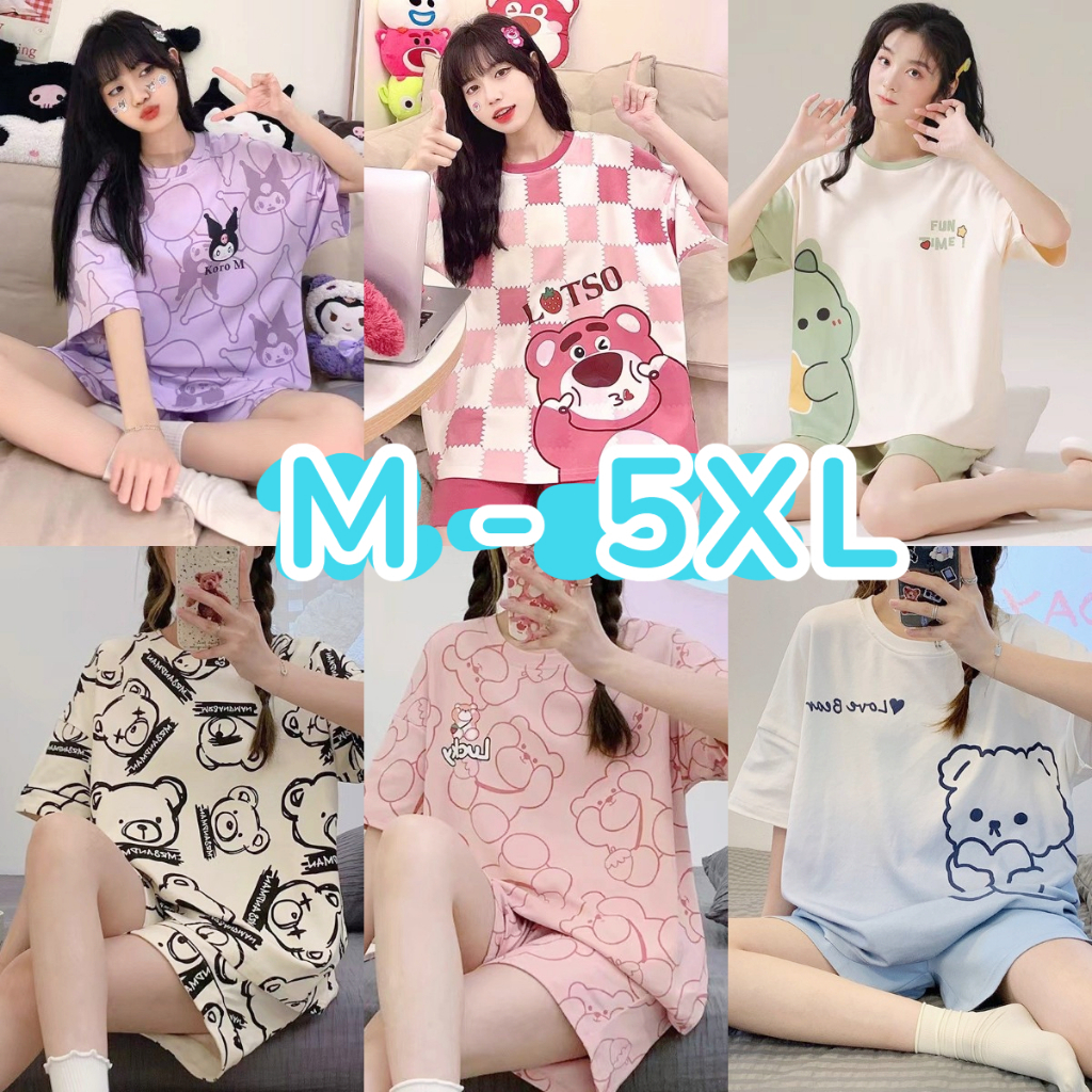 😍M-5Xl😍ชุดนอน ขายาว ลายสน และพัดสาวอวบ สําหรับผู้หญิง