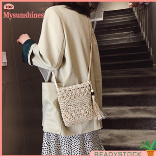 ❥Mysunshines❤กระเป๋าสะพายไหล่พู่สีทึบผู้หญิงกระเป๋า Messenger ทอ (สีเบจ)