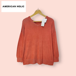 เสื้อ American holic ผ้านิตอย่างดี  เสื้อทรงสวยน่ารักมาก ผ้าเรียบสวย คอวี ใส่ได้2คอ ผ้าดีทิ้งตัวสวย