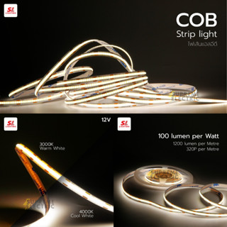 รุ่นใหม่🎗️ไฟริบบิ้น 12V COB SL Lighting แสงวอร์มไวท์ 3000K / แสงคูลไวท์ 4000K สวิตช์ชิ่ง หม้อแปลง Powersupply