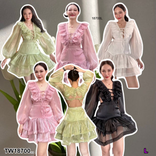 👗Pfashion [ส่งไวมาก🚛] P18700 เดรสสั้นแต่งระบาย ช่วงด้านหน้าดีเทลผูกโบว์ ..