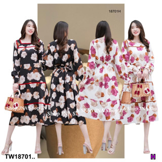 👗Pfashion [ส่งไวมาก🚛] P18701 เดรสลายดอกใหญ่ แต่งริบบิ้น ..