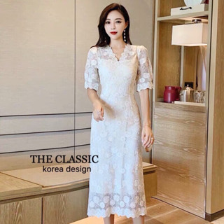 (M-2XL) The classic korea design presents  เดรสยาวดิ้นทอง ใช้ผ้าลูกไม้เนื้อดี ทอผสมลายดอกไม้ดิ้นทอง