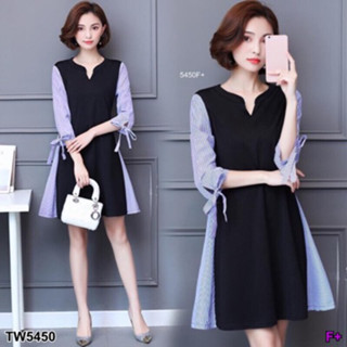 CS5450 Dress แขนแต่งลายริ้วผูกโบว์ Dress with striped sleeves and bow tie