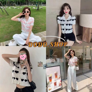 DODO*สินค้าพร้อมส่ง*เสื้อคอปก แขนสั้นลายหัวใจ กระดุมเม็ดสีขาวสวย สไตล์วินเทจ (1328)