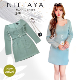 NITTAYA เดรสคอเหลี่ยมแขนยาว ตรงอกซิปรูดได้จริง เข็มขัดเป็นเข็มขัดติดกับชุดเลย