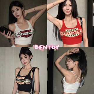 bentoy(Bratop676)เสื้อกล้าม เสริมฟองน้ำ คอยู ลายอังกฤษ ครอปท็อป