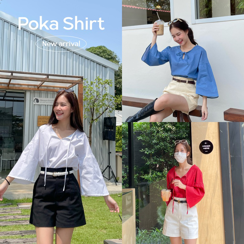 Poka Shirt เสื้อเชิ๊ตแขนกระดิ่งดีไซน์น่ารักผูกโบว์