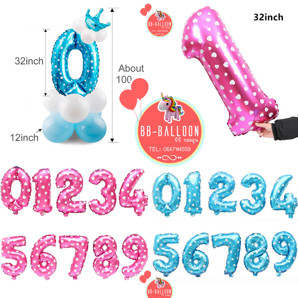 ส่งจาก กทม ร้านไทย (ส่งของทุกวัน) ฟอยล์ตัวเลข ลูกโป่งตัวเลข สีชมพูลายหัวใจ สีฟ้าลายดาว ขนาด 16 32 นิ้ว