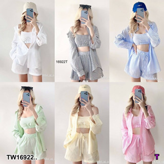 TT16922 Set 3 ชิ้น เสื้อเชิ้ต + สายเดี่ยว + กางเกงขาสั้น .Set 3 pieces shirt + tank top + shorts ..