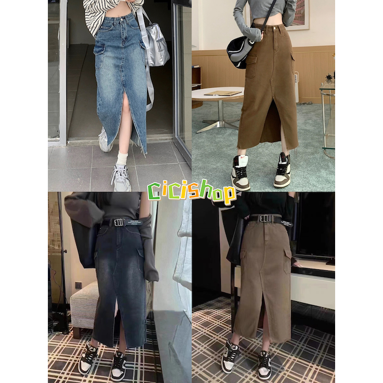 Cicishop(SALE 978)กระโปรงยีนส์ยาวทรงเอ ดีเทลผ่าหน้าแต่งกระเป๋าด้านข้าง ตัวแม่ต้องไม่พลาด