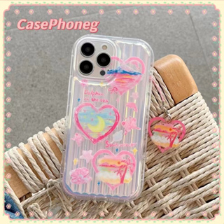 🍑CasePhoneg🍑ป้องกันการหล่น ขอบเต็ม iPhone 11 14 pro max พร้อมโซ่ เส้นขอบโปร่งใส เลเซอร์ รูปหัวใจ case for iPhone 12 13