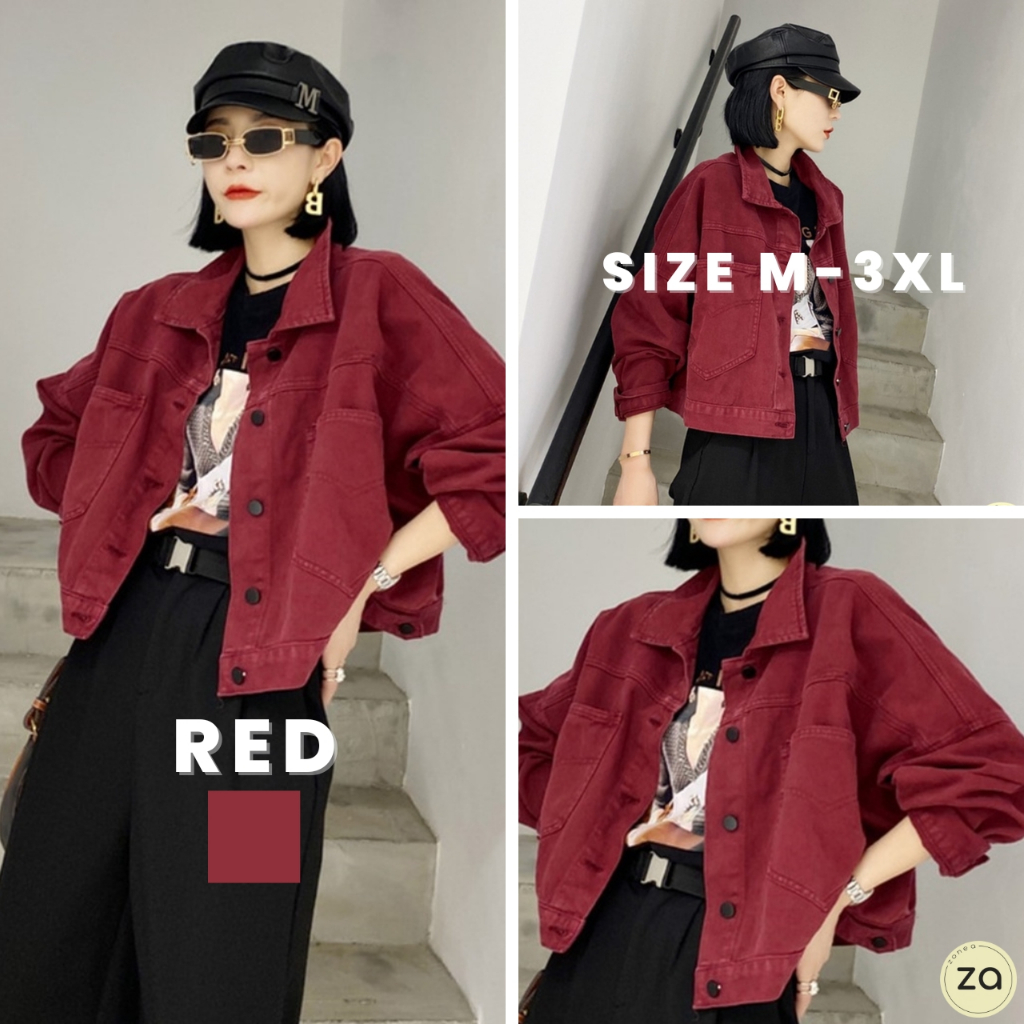 HOT SALE เสื้อยีนส์แขนยาวสีไวน์แดงแฟชั่น แจ็คเก็ตสไตล์ทรงตัวสั้น