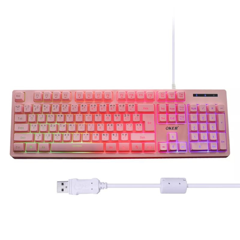 พร้อมส่ง OKER คีย์บอร์ดมีไฟทะลุแป้น OKER รุ่นKB-789 BACKLIT GAMIMG Keyboard คีย์บอร์ดสีขมพู