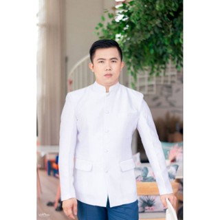 เสื้อใหม่ผู้ชายสีขาวลายยกดอก