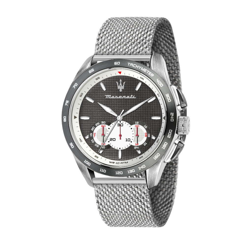 【2 Years Warranty】 Maserati Traguardo 45mm Silver Stainless Steel Chronograph Men's Quartz นาฬิกาข้อมือ R8873612008
