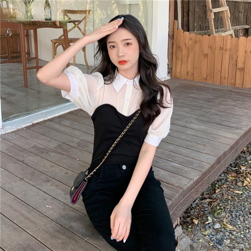 พร้อมส่งในไทย ตรงปกซีฟอง ถูกสุด เสื้อเกาหลีทูโทน ท่อนบน*เป็นซีฟอง* น่ารักสไตล์เกาหลี คาเฟ่ มีราคาขายส่ง