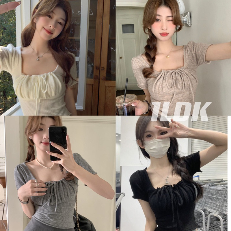 1LDK พร้อมส่ง เสื้อไหมพรมแขนสั้น เสื้อครอป ดีเทลผูกโบว์ด้านหน้า(42058)