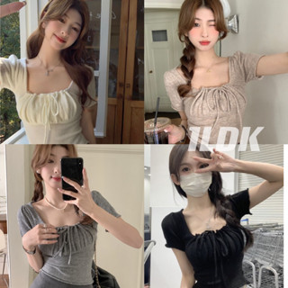 1LDK 🌈พร้อมส่ง🌈เสื้อไหมพรมแขนสั้น เสื้อครอป ดีเทลผูกโบว์ด้านหน้า(42058)