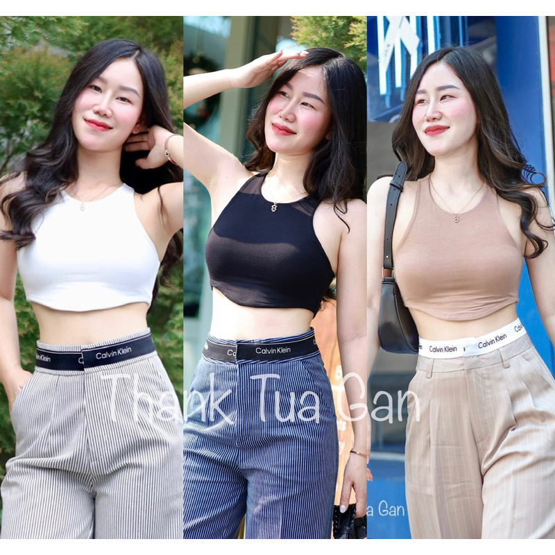 ThankTuaGan เสื้อครอป สายเดี่ยวแขนกุด ชายเสื้อโค้งใส่แล้วดูมีเอว ผ้าไม่บางใส่สวยมากๆ