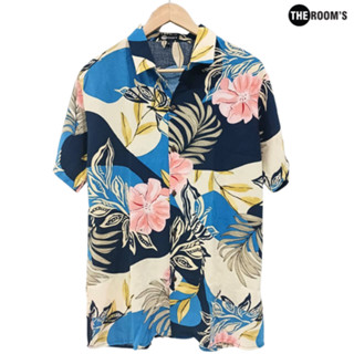 เดอะรูม THE ROOMS เสื้อฮาวาย เสื้อเชิ้ตฮาวาย สีพื้นกรมท่า ลายดอกชมพู ผ้าสปัน