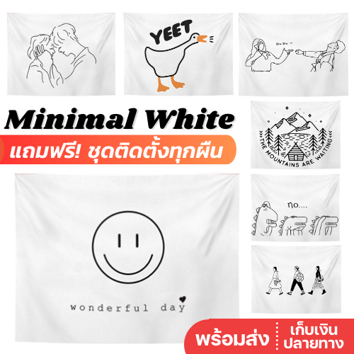 🌟พร้อมส่ง🌟 Minimal White ผ้าแขวนผนัง ฉากถ่ายรูป ผ้าม่าน พื้นขาว ลายเส้นสีดำ