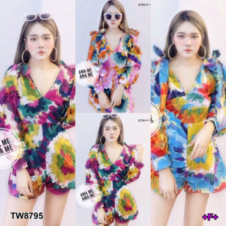 8795 Jumpsuit จั๊มสูทขาสั้น แขนพอง ลายดอก สีมัดย้อม Short-sleeved jumpsuit, puff sleeves, floral print, tie-dye